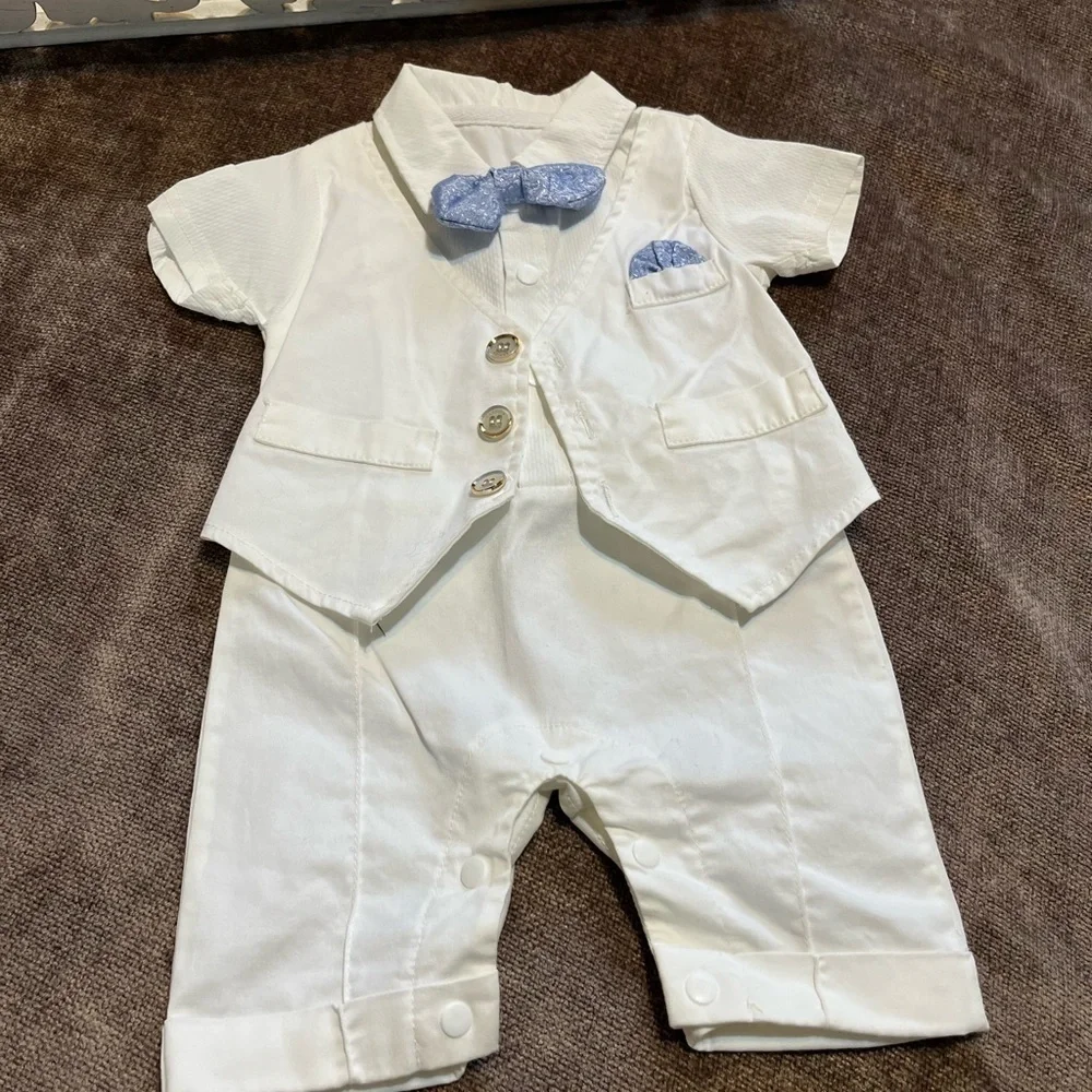 Baby’s 0-3 Month White & Blue Tuxedo Onesie